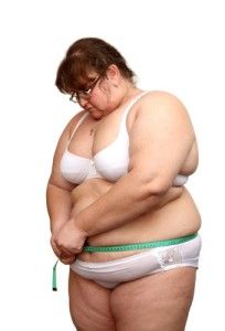 overweight woman in underwear measure her stomach